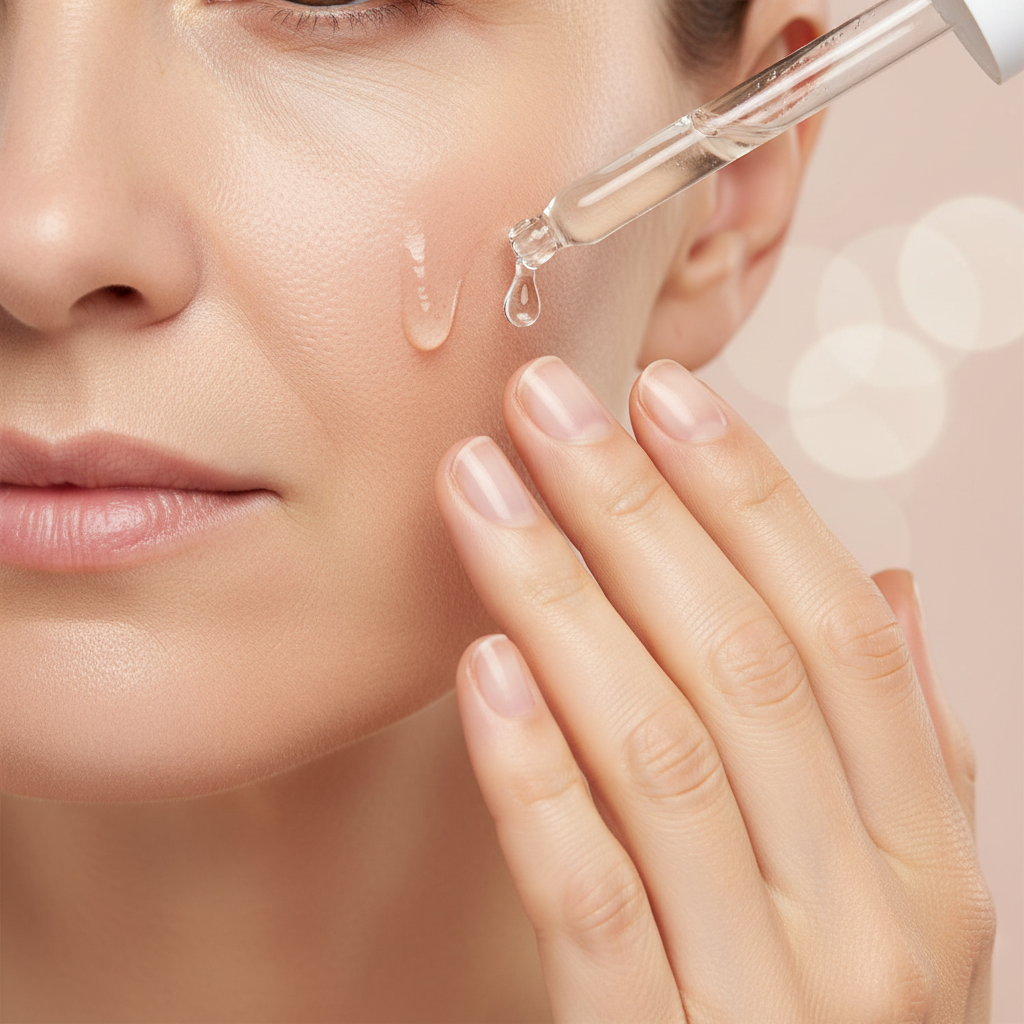 Close-up of a woman applying hydrating serum to her cheek.