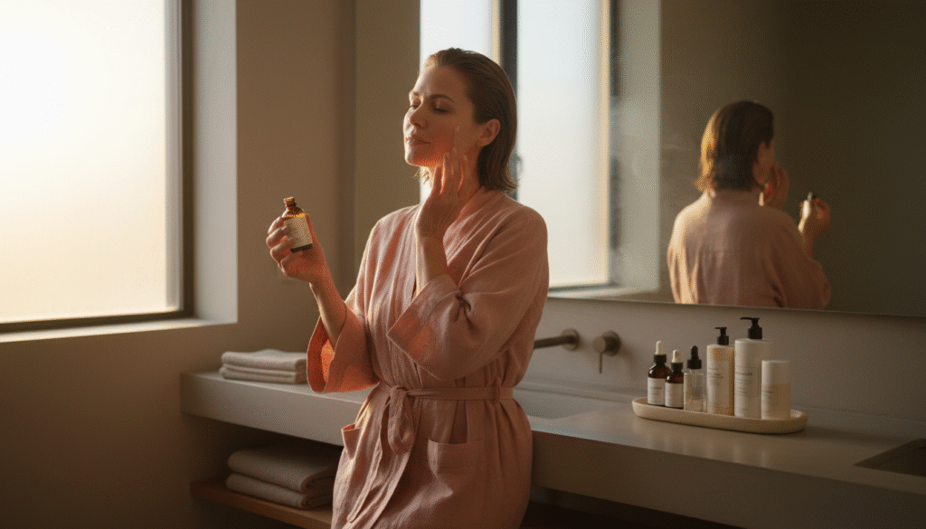Woman putting serum on her face in bathroom in morning.