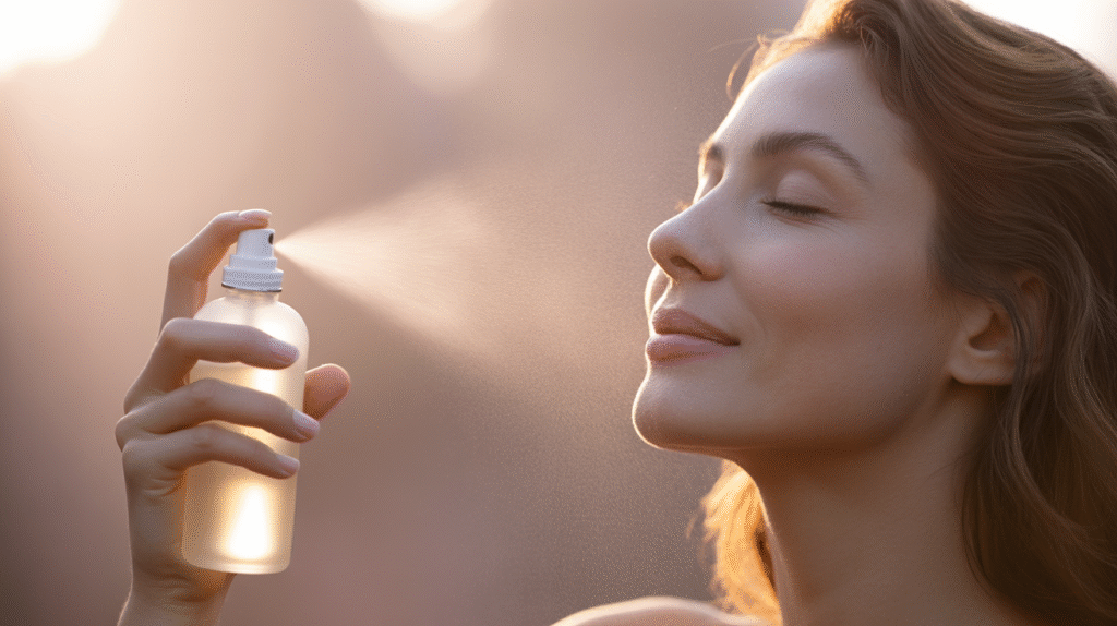 Close-up of a woman misting her face with eyes closed,
