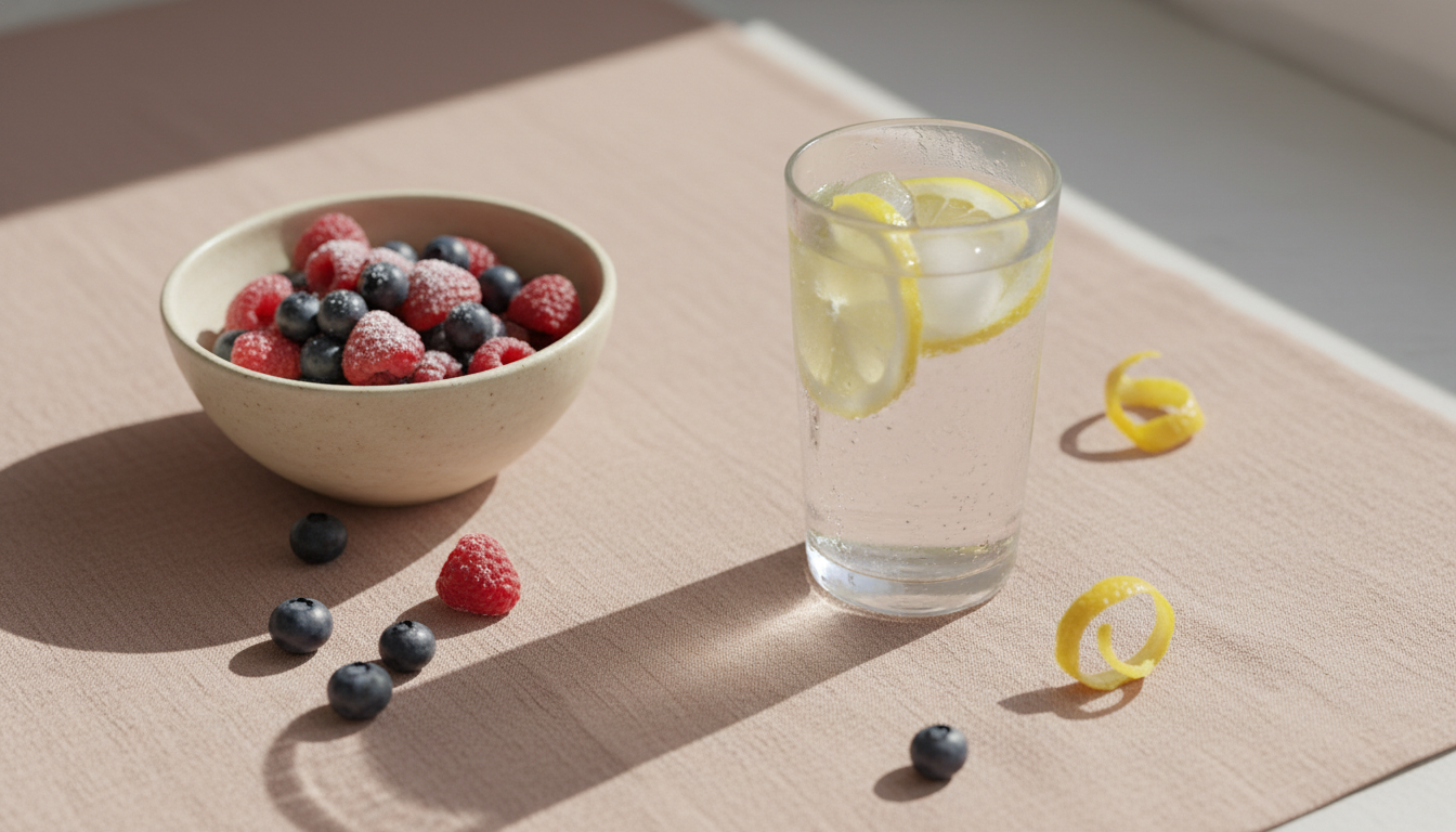 Bowl of berries and a glass of lemon water on a blush cloth, photographed in soft daylight for a gentle hydration and wellness mood.