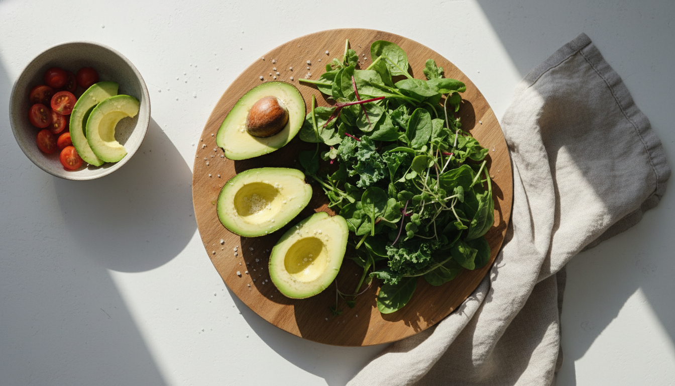 Fresh avocado and leafy greens on a wooden board, styled in natural sunlight for a calm, nourishing wellness aesthetic.