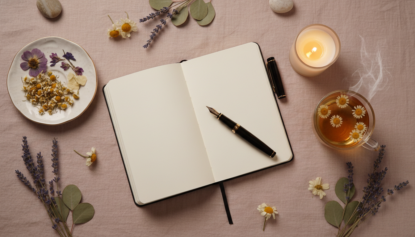 Quiet evening wellness scene with an open journal, chamomile tea, candlelight and dried flowers on a blush cloth.