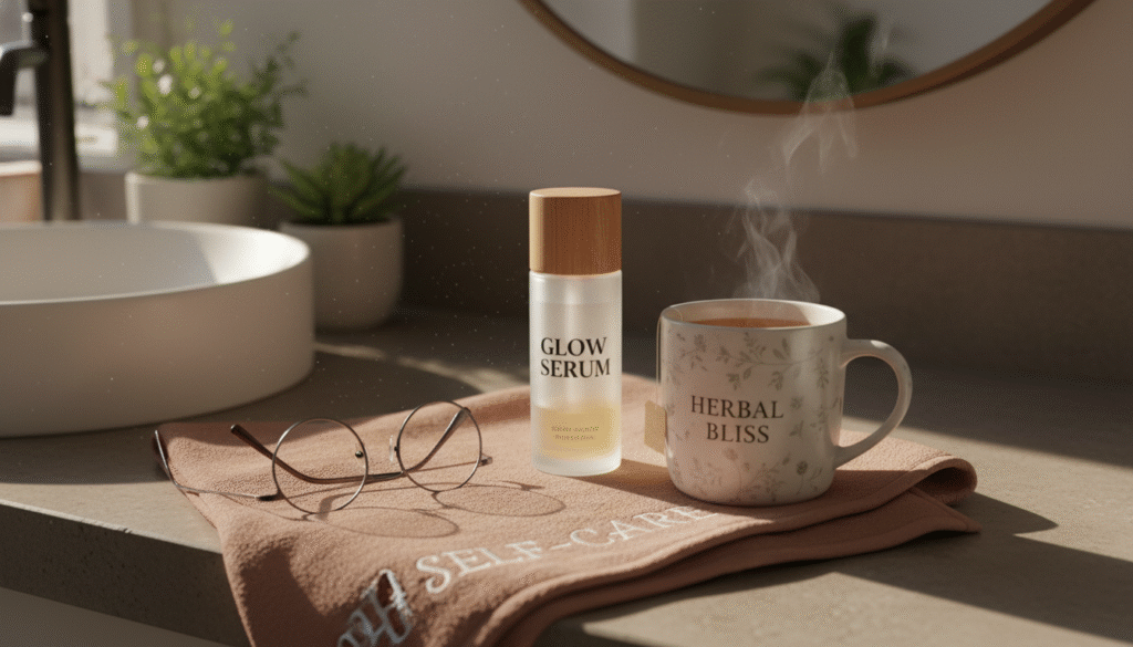 evening bathroom with skincare bottle, herbal tea , glasses and towel